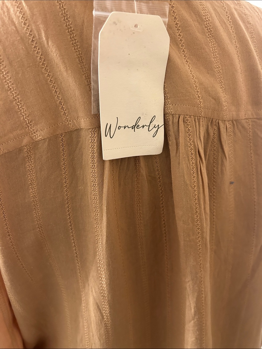 Wonderly Light Tan Ruffle-Neck Button-Down Blouse - Picture 4 of 6